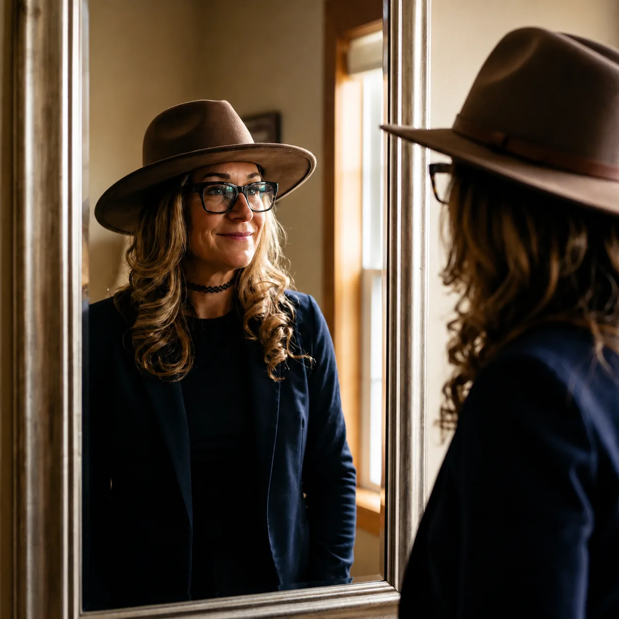 Margarita Valdovinos looking in the mirror